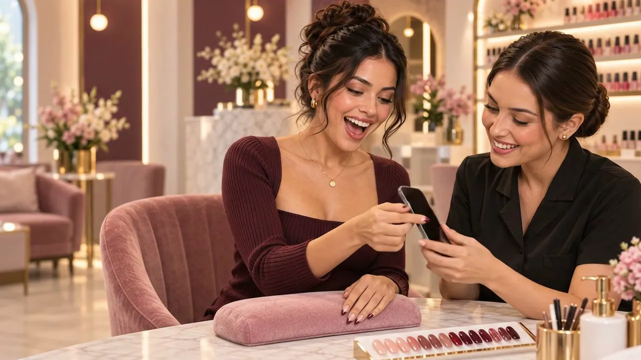Customer and nail technician exploring a design on a phone in the Elite Nail Design Studio demonstration