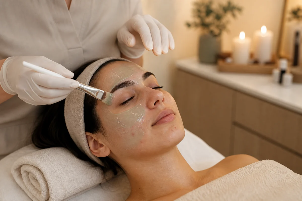 Esthetician applying a soothing mask during an acne facial treatment