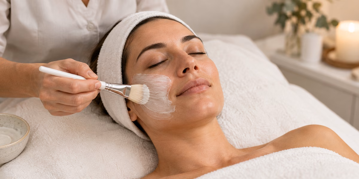 Esthetician gently applying a soothing facial mask