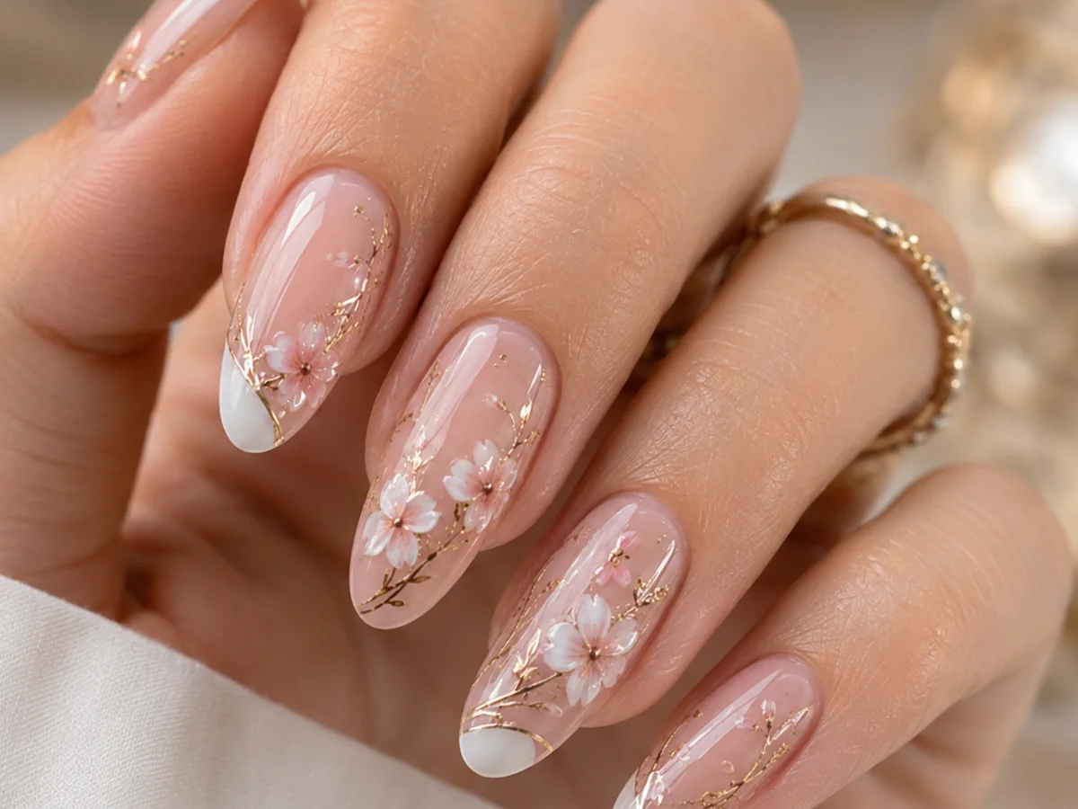 Luxury blush manicure with white French tips, delicate floral nail art and fine gold detailing