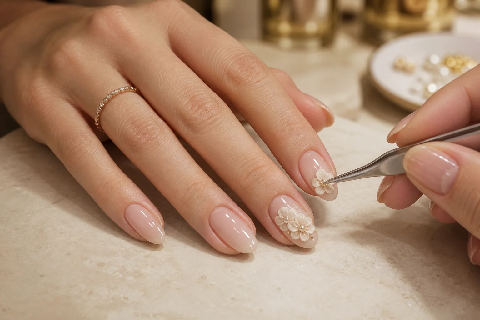Nail technician placing a sculpted ivory flower on a 3D nail-art design