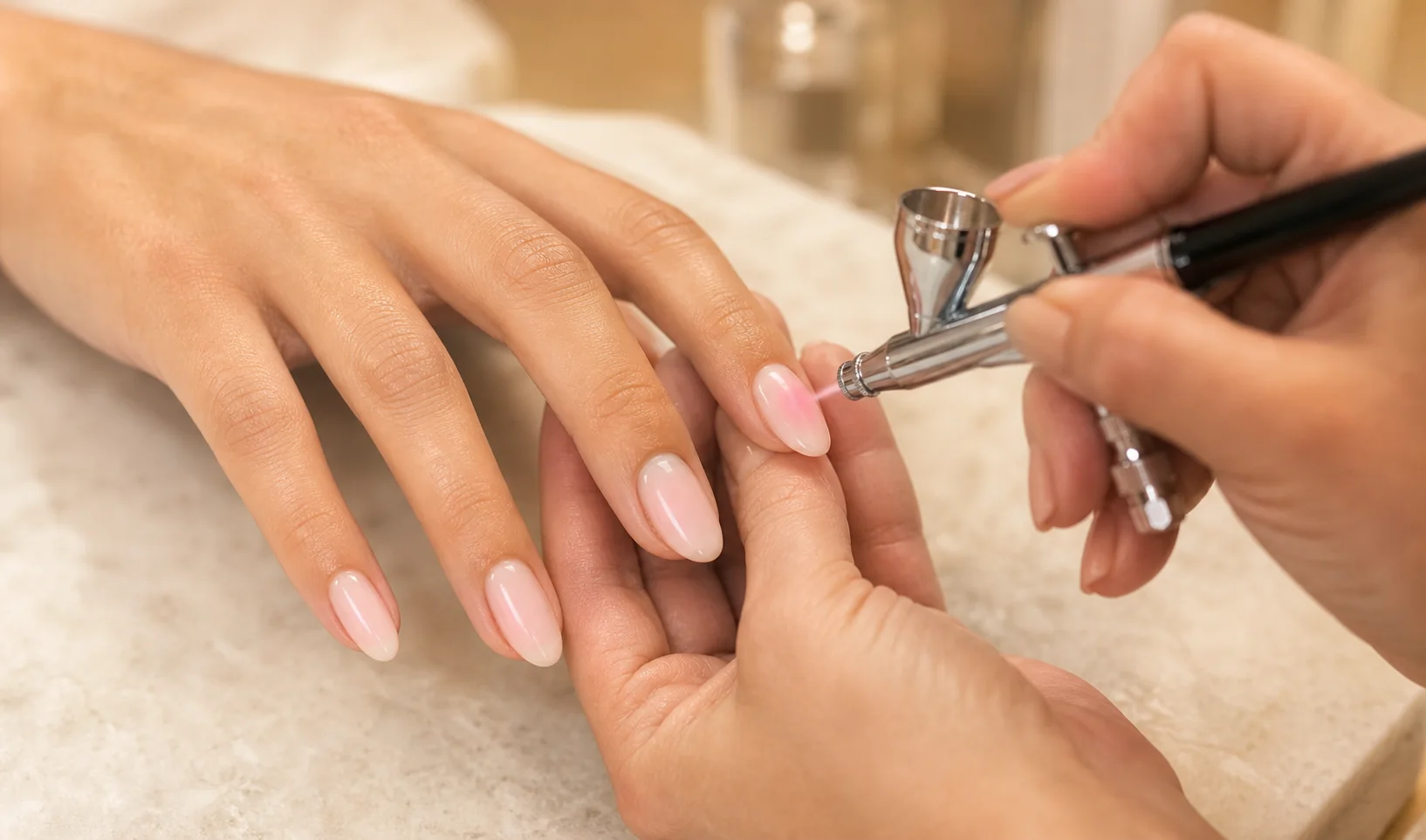 Nail technician airbrushing a soft pink gradient onto one nail