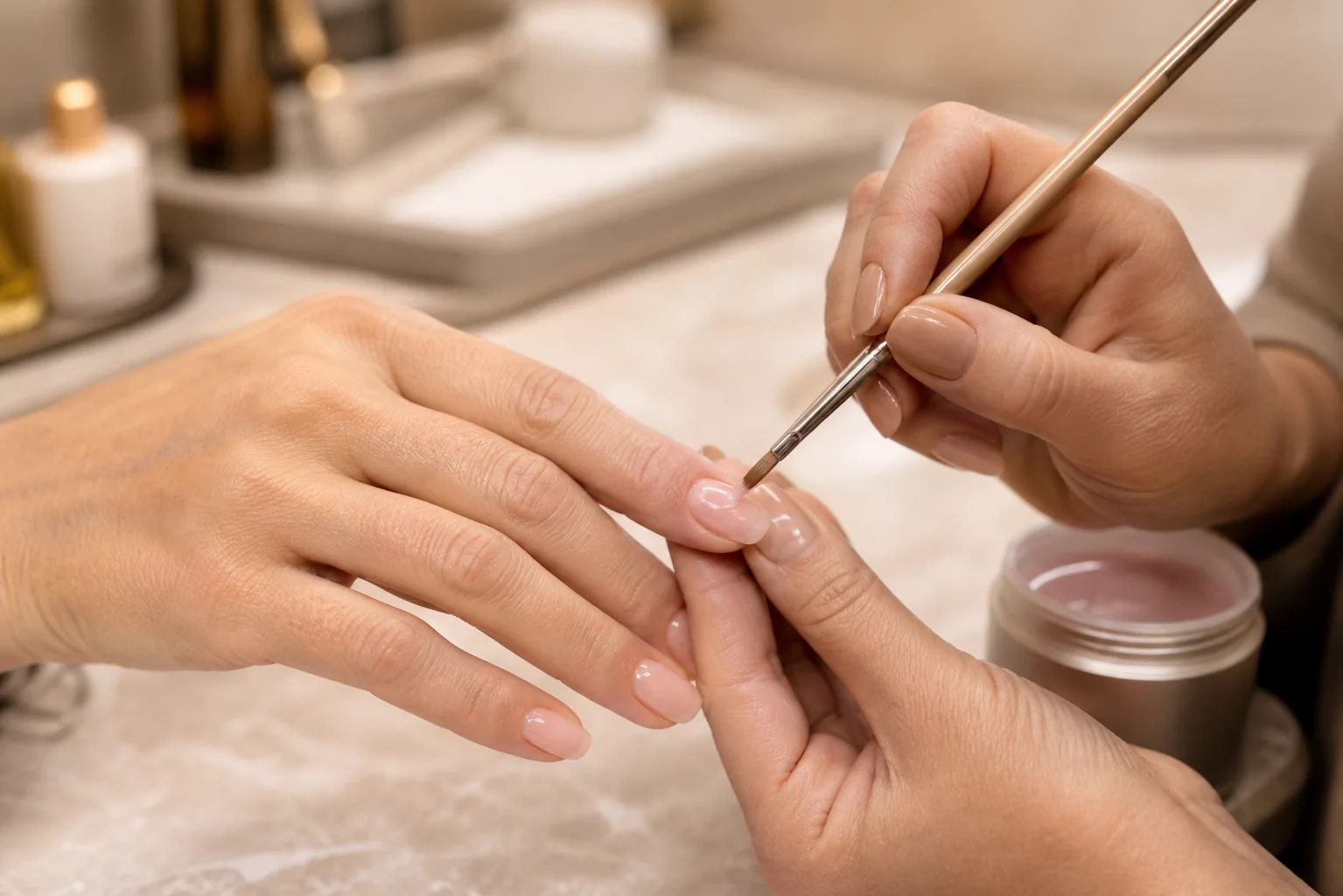 Nail technician applying builder gel with a precision brush