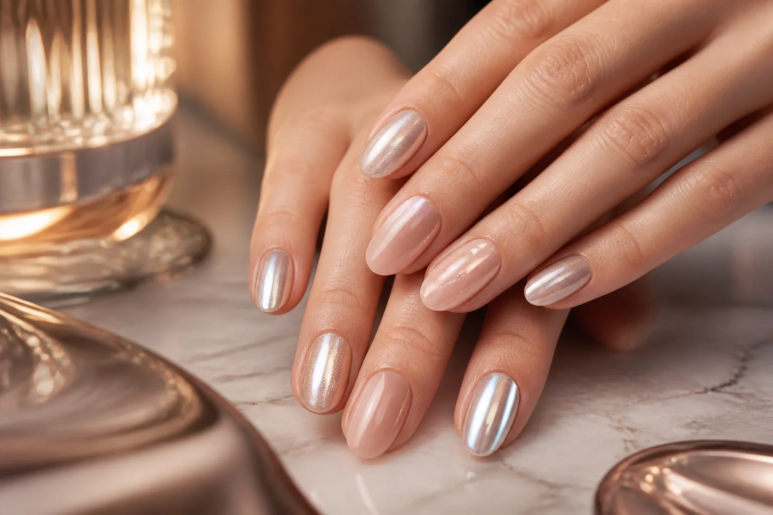 Manicure featuring pearl chrome and luminous specialty finishes