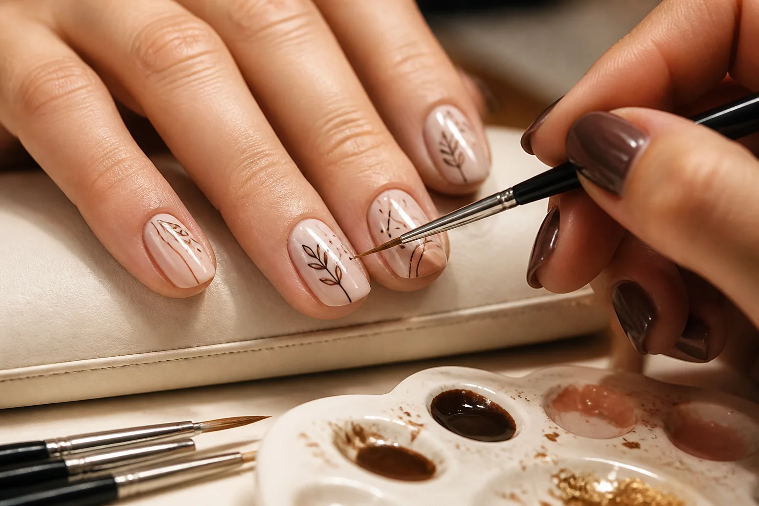Nail technician painting a fine botanical nail design by hand