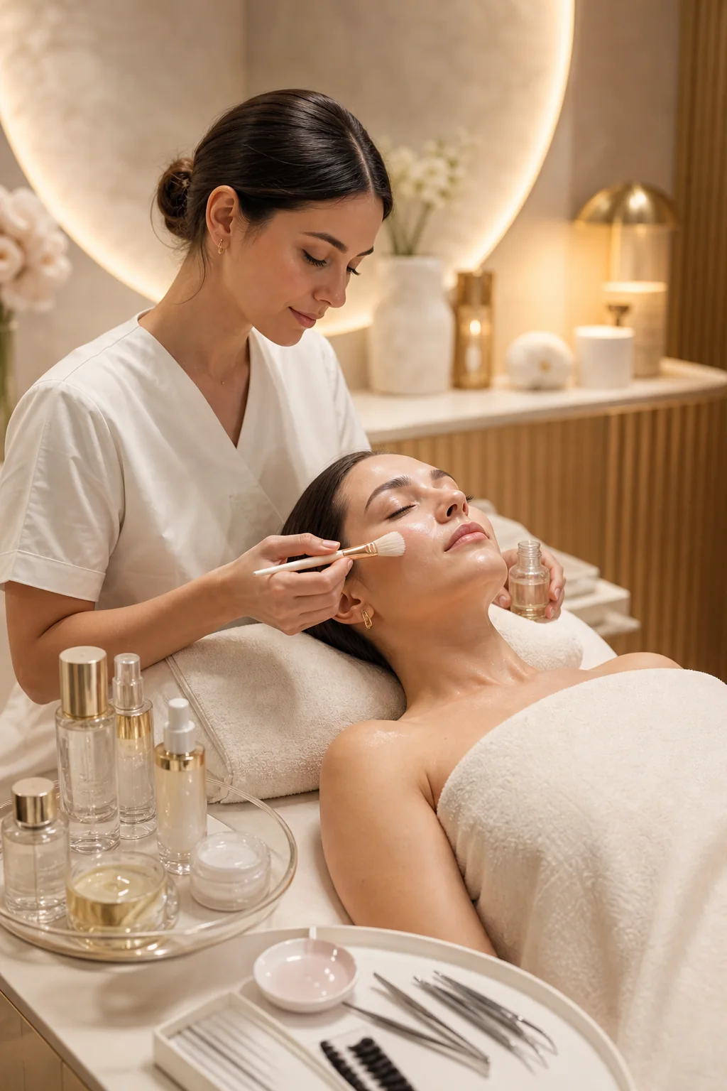 Licensed esthetician applying a premium Korean skincare facial treatment